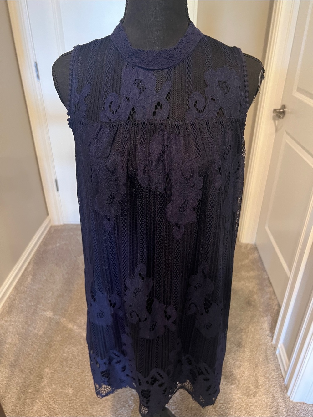Xhilaration Navy Floral Lace High-Neck Mini Dress